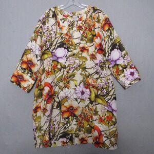 Chicos Shirt Dress 3 or XL  Floral Linen Shift Pockets Popover Coastal Lagenlook